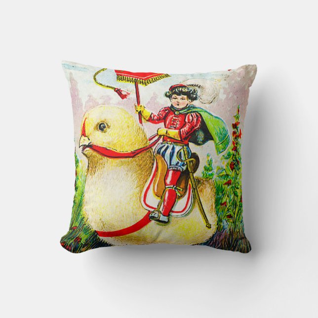Whimsical Easter Greetings: Rider on Giant Chick Throw Pillow (Front)
