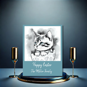 whimsical Easter Kitten in Floral Eggshell Holiday Card