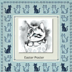 whimsical Easter Kitten in Floral Eggshell Poster