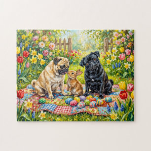 Whimsical Easter Picnic Mops Dog Illustration Jigsaw Puzzle