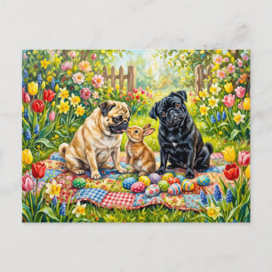 Whimsical Easter Picnic Mops Dog Illustration Postcard