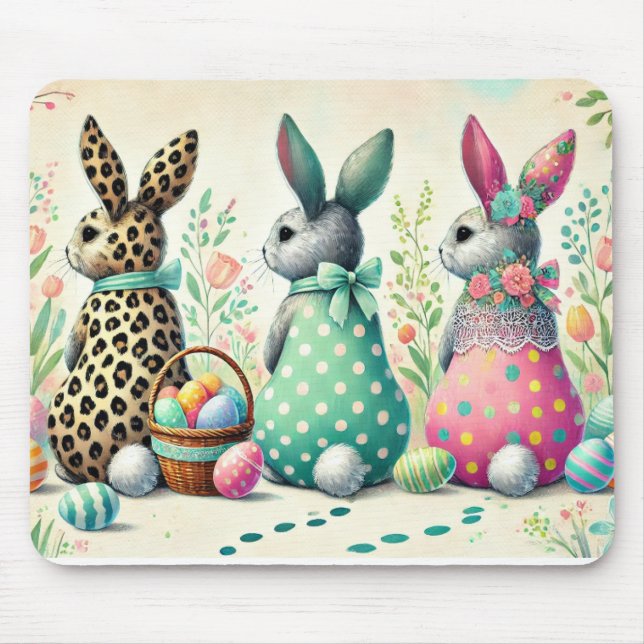 Whimsical Easter Trio Patterned Bunnies Mouse Pad (Front)