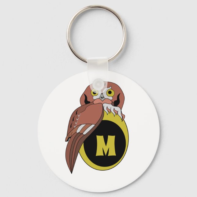 Whimsical Eastern Screech Owl Monogram Keychain (Front)
