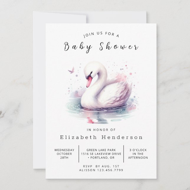 Whimsical Editable Swan Baby Shower Invitation (Front)