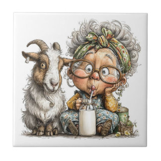 Whimsical elder lady with goat tile