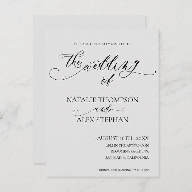 Whimsical Elegant Black And White Script Wedding Invitation Postcard (Front/Back)