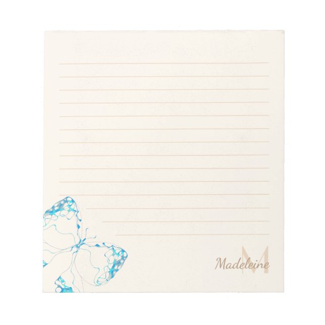 Whimsical Elegant Blue Butterfly Monogram Name Notepad (Front)