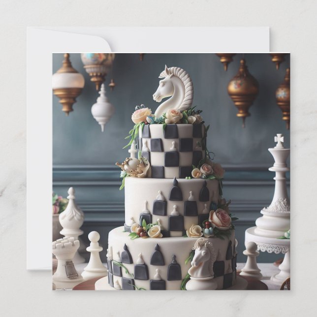 WHIMSICAL & ELEGANT CHESS THEMED BIRTHDAY CAKE CARD (Front)