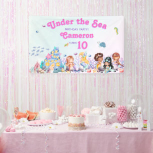 Whimsical & Elegant cute Kawaii Mermaid Birthday Banner