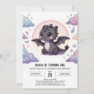 Whimsical Elegant Dragon 1st Birthday Invitation