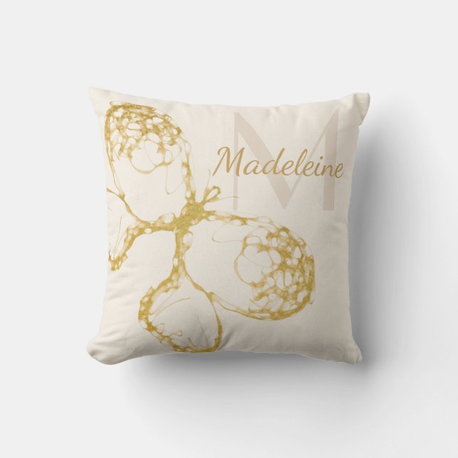Whimsical Elegant Gold Butterfly Monogram Boho Throw Pillow (Front)