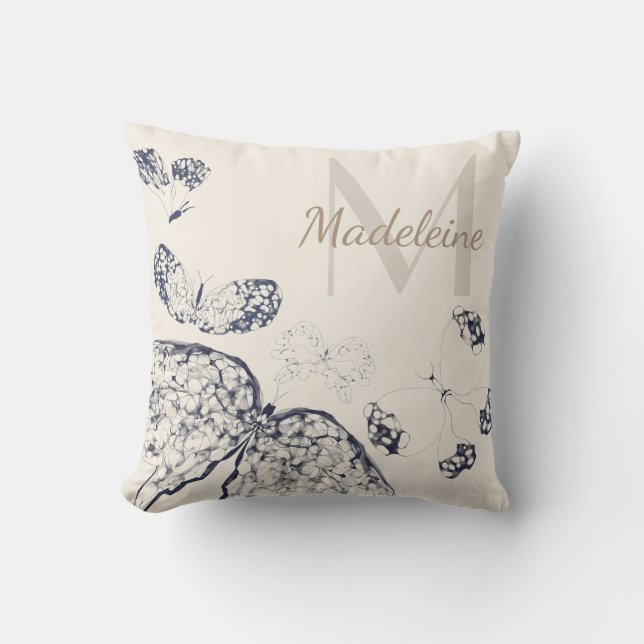 Whimsical Elegant Navy Lace Butterflies Monogram Throw Pillow (Front)