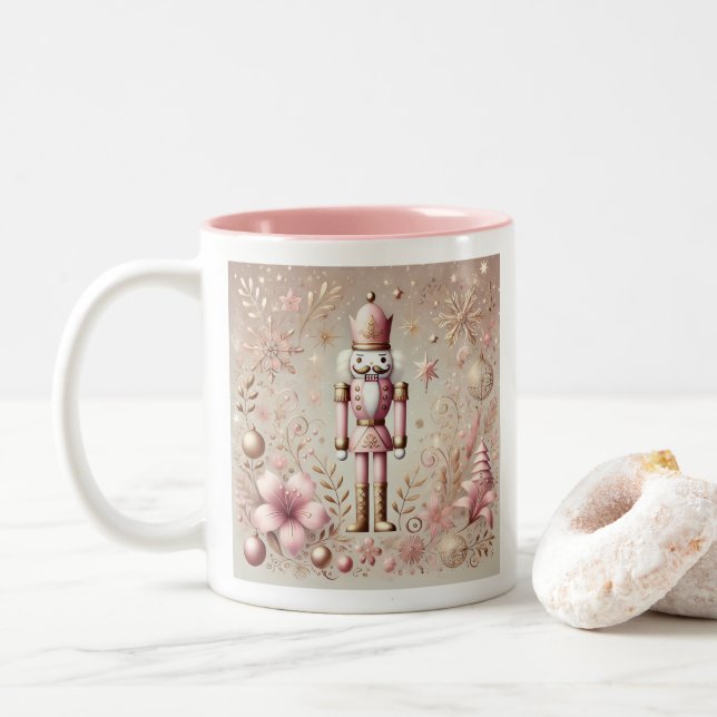 Whimsical Elegant Pink and Gold Pastel Nutcracker  Two-Tone Coffee Mug (With Donut)
