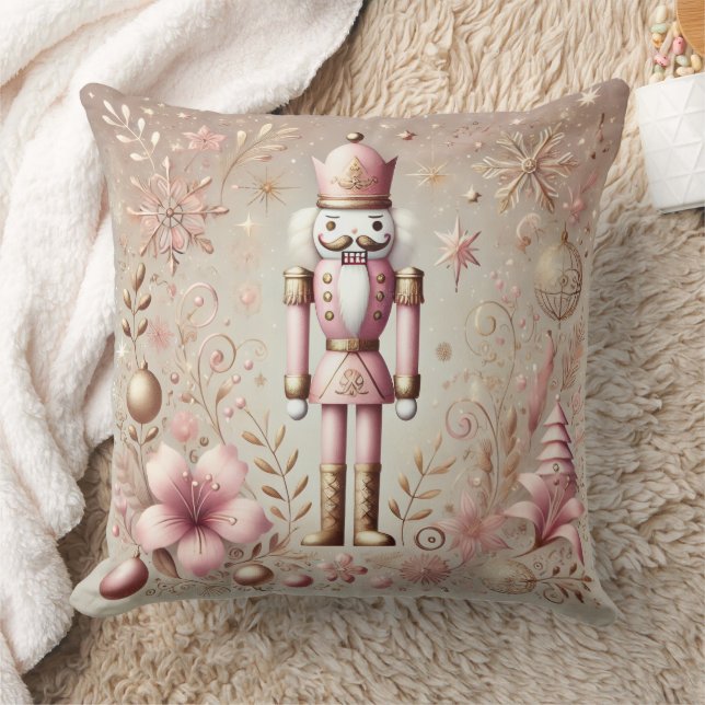 Whimsical Elegant Pink & Gold Pastel Nutcracker Throw Pillow (Blanket)