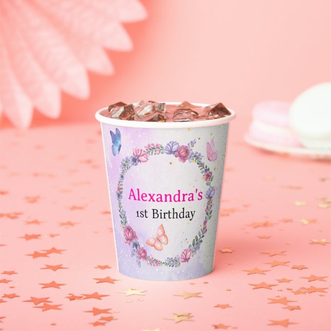 Whimsical Elegant Purple Pink Butterfly Floral Paper Cups (Insitu)