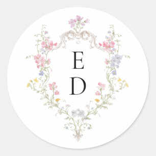 Whimsical Elegant Rococo Floral Crest Monogram Classic Round Sticker