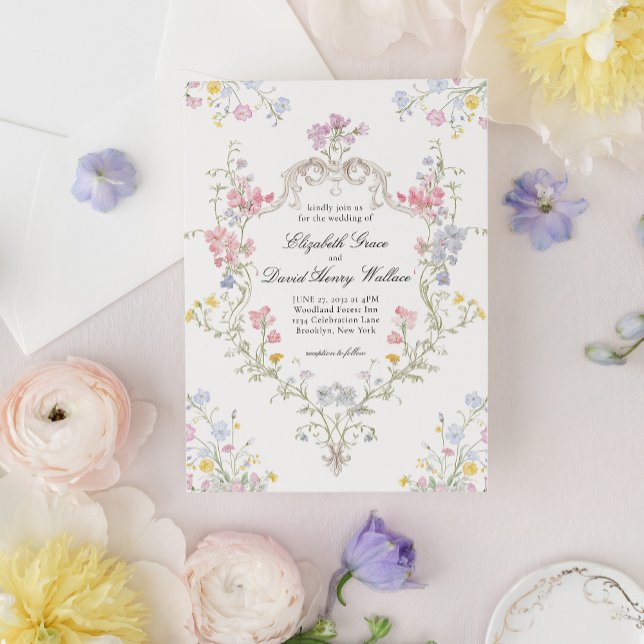 Whimsical Elegant Rococo Floral Crest Wedding Invitation (Creator Uploaded)