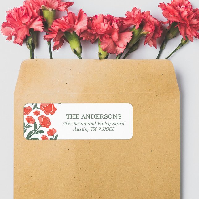Whimsical Elegant Sage Green Floral Return Address (Sage Green Red Watercolor Floral Return Address Label)