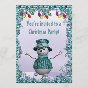 Whimsical, Elegant Snowman Blue Christmas Party Invitation