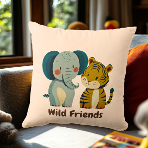 Whimsical Elephant and Tiger Nursery Illustration Throw Pillow