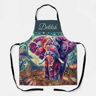 Whimsical Elephant at Night Blue Purple Stars Moon Apron