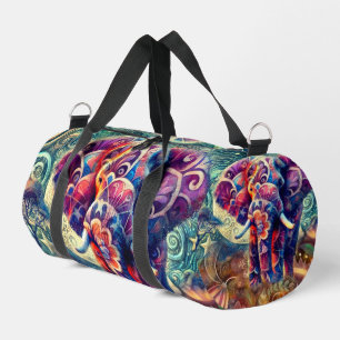 Whimsical Elephant at Night Blue Purple Stars Moon Duffle Bag