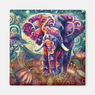 Whimsical Elephant at Night Blue Purple Stars Moon Magnet