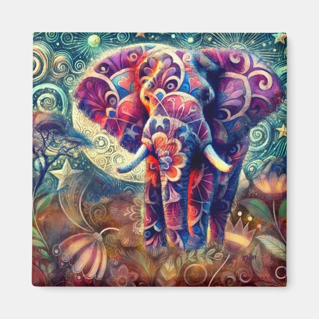 Whimsical Elephant at Night Blue Purple Stars Moon Magnet (Front)