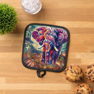 Whimsical Elephant at Night Blue Purple Stars Moon Pot Holder