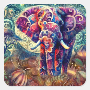 Whimsical Elephant at Night Blue Purple Stars Moon Square Sticker