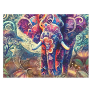 Whimsical Elephant at Night Blue Purple Stars Moon Tablecloth