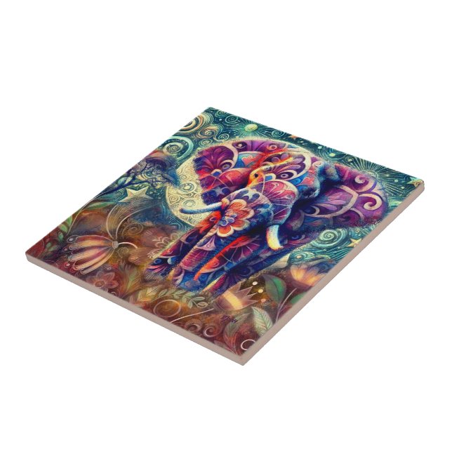Whimsical Elephant at Night Blue Purple Stars Moon Tile (Side)