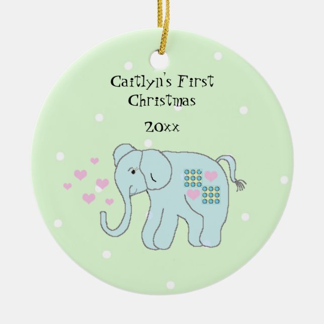 Whimsical Elephant Baby's First Christmas Ceramic Ornament (Front)