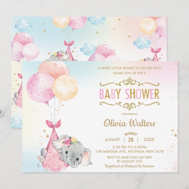 Whimsical Elephant Balloons Baby Shower Girl Invitation (Front/Back)