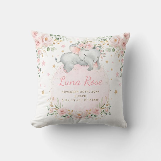 Whimsical Elephant Blush Pink Floral Twinkle Stars Throw Pillow (Front)