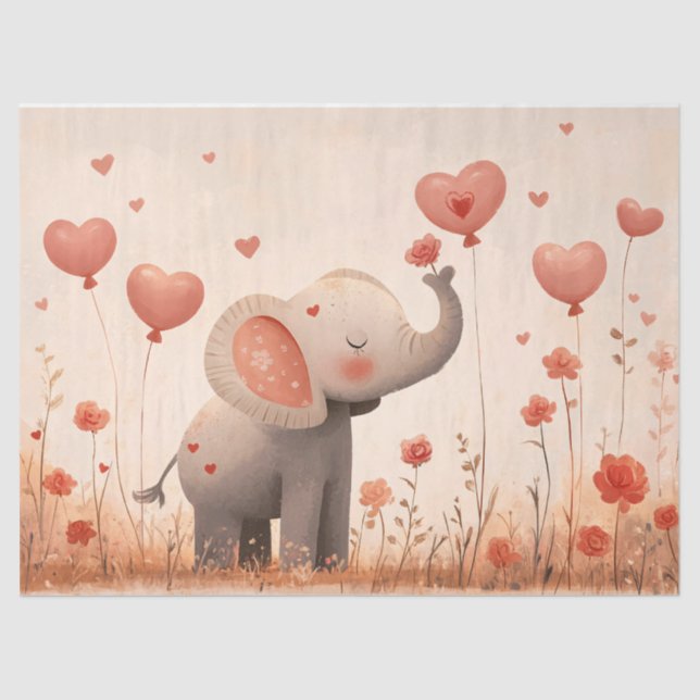 Whimsical Elephant Calf Valentine Decoupage Tissue Paper (Front)