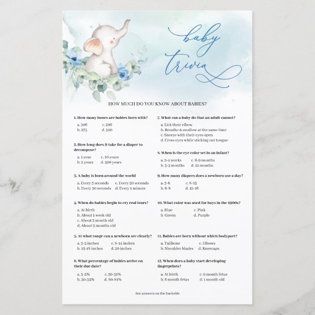 Whimsical elephant dusty blue Baby Trivia game (Front)