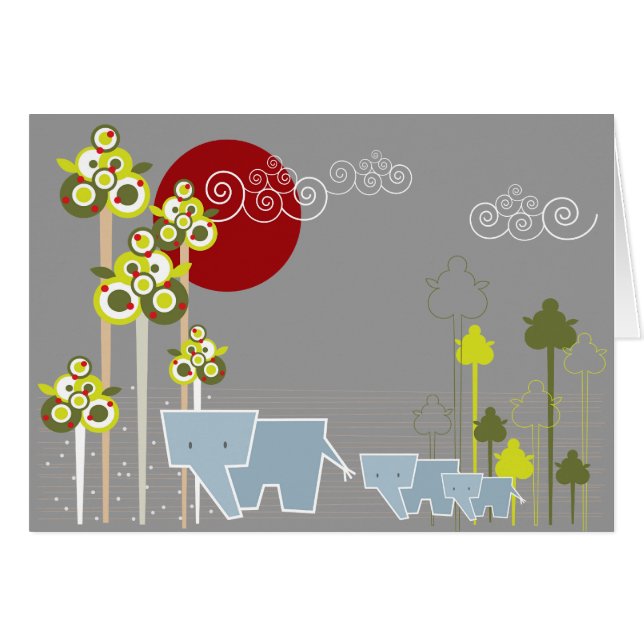 Whimsical Elephant Family In The Forest & Red Sun (Front Horizontal)