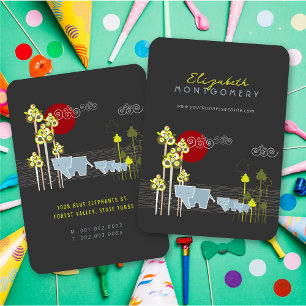 Whimsical Elephant Family In The Forest & Red Sun Business Card