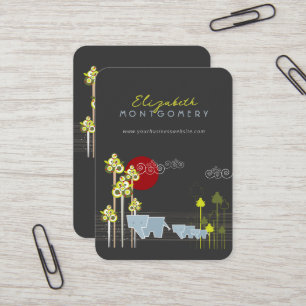 Whimsical Elephant Family In The Forest & Red Sun Business Card