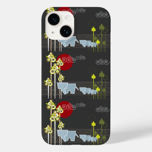 Whimsical Elephant Family In The Forest & Red Sun Case-Mate iPhone Case (Back)