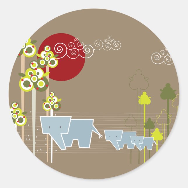 Whimsical Elephant Family In The Forest & Red Sun Classic Round Sticker (Front)