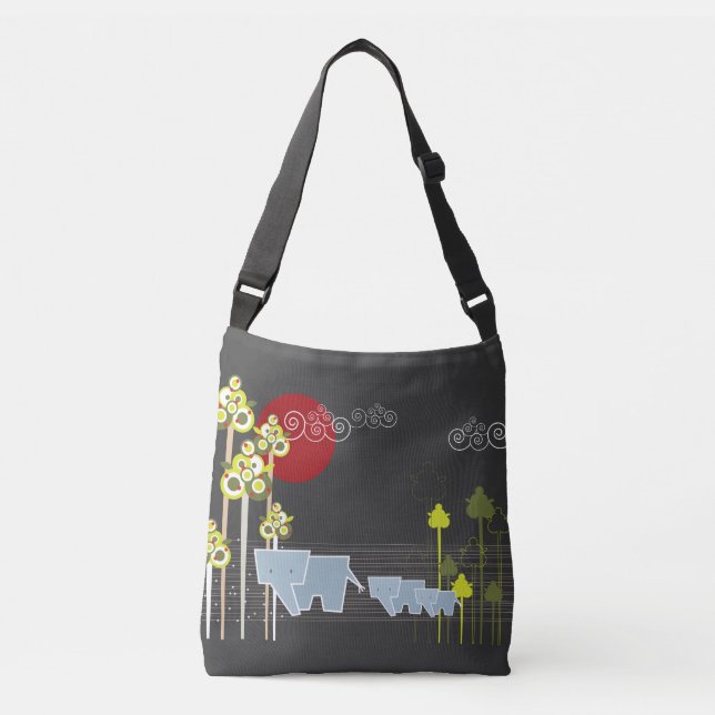 Whimsical Elephant Family In The Forest & Red Sun Crossbody Bag (Front)