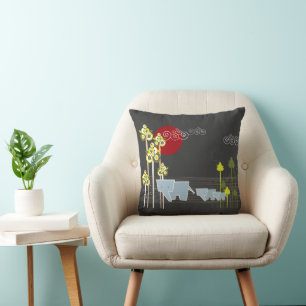 Whimsical Elephant Family In The Forest & Red Sun Throw Pillow