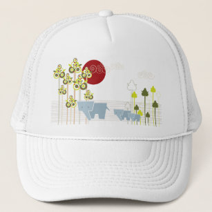 Whimsical Elephant Family In The Forest & Red Sun Trucker Hat