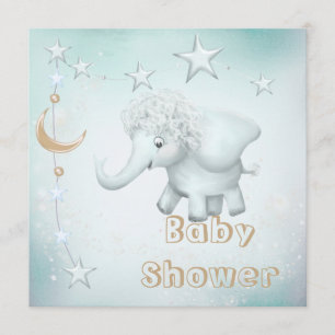 Whimsical Elephant, Moon & Stars Baby Shower Invitation