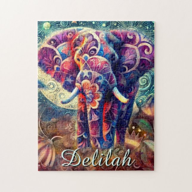 Whimsical Elephant Night Stars Moon Personalized Jigsaw Puzzle (Vertical)