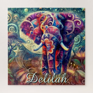 Whimsical Elephant Night Stars Moon Personalized Jigsaw Puzzle