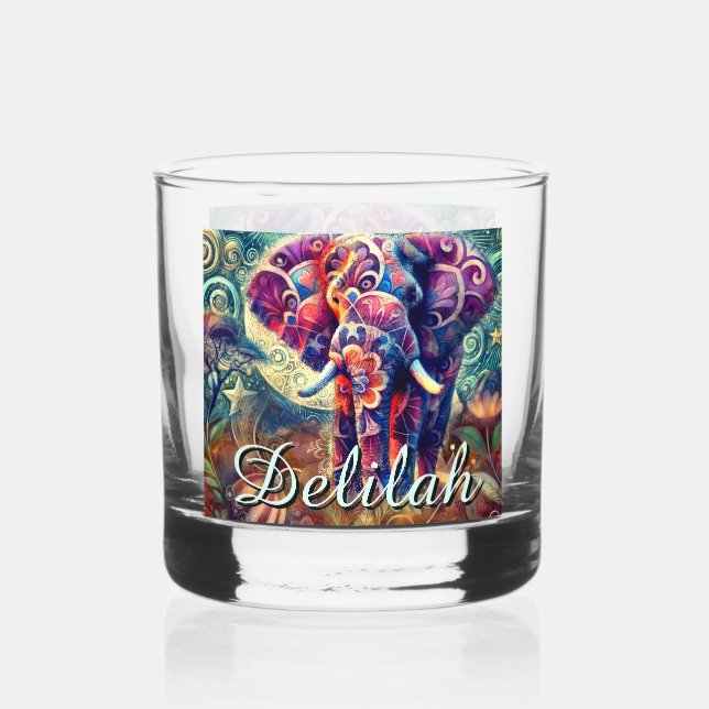 Whimsical Elephant Night Stars Moon Personalized Whiskey Glass (Front)