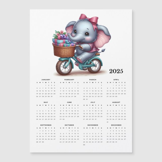 Whimsical Elephant on a Bicycle Magnet Calendar (Front)